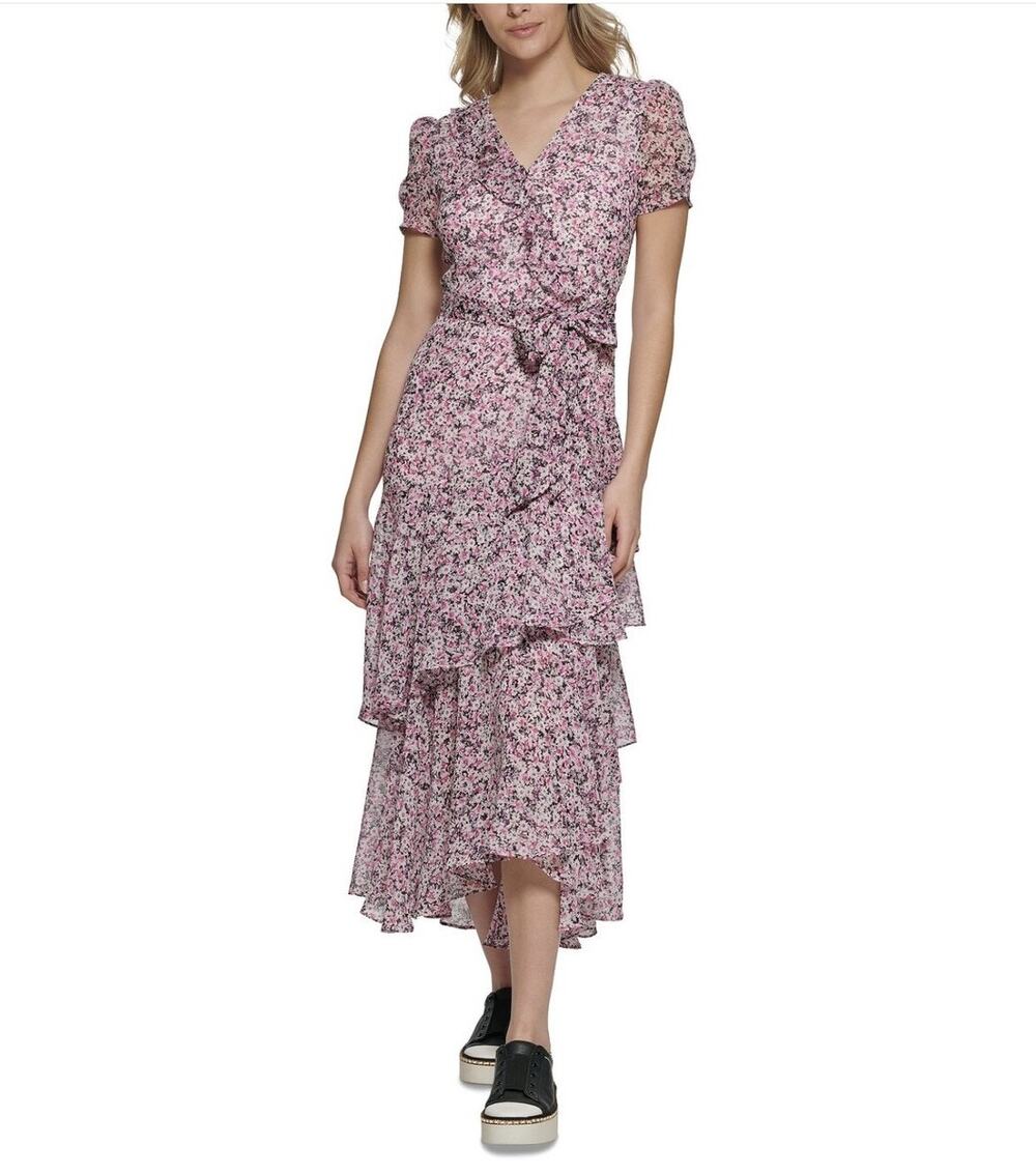 Karl Lagerfeld Paris Women's Purple/Pink Printed Ruffled Maxi Dress